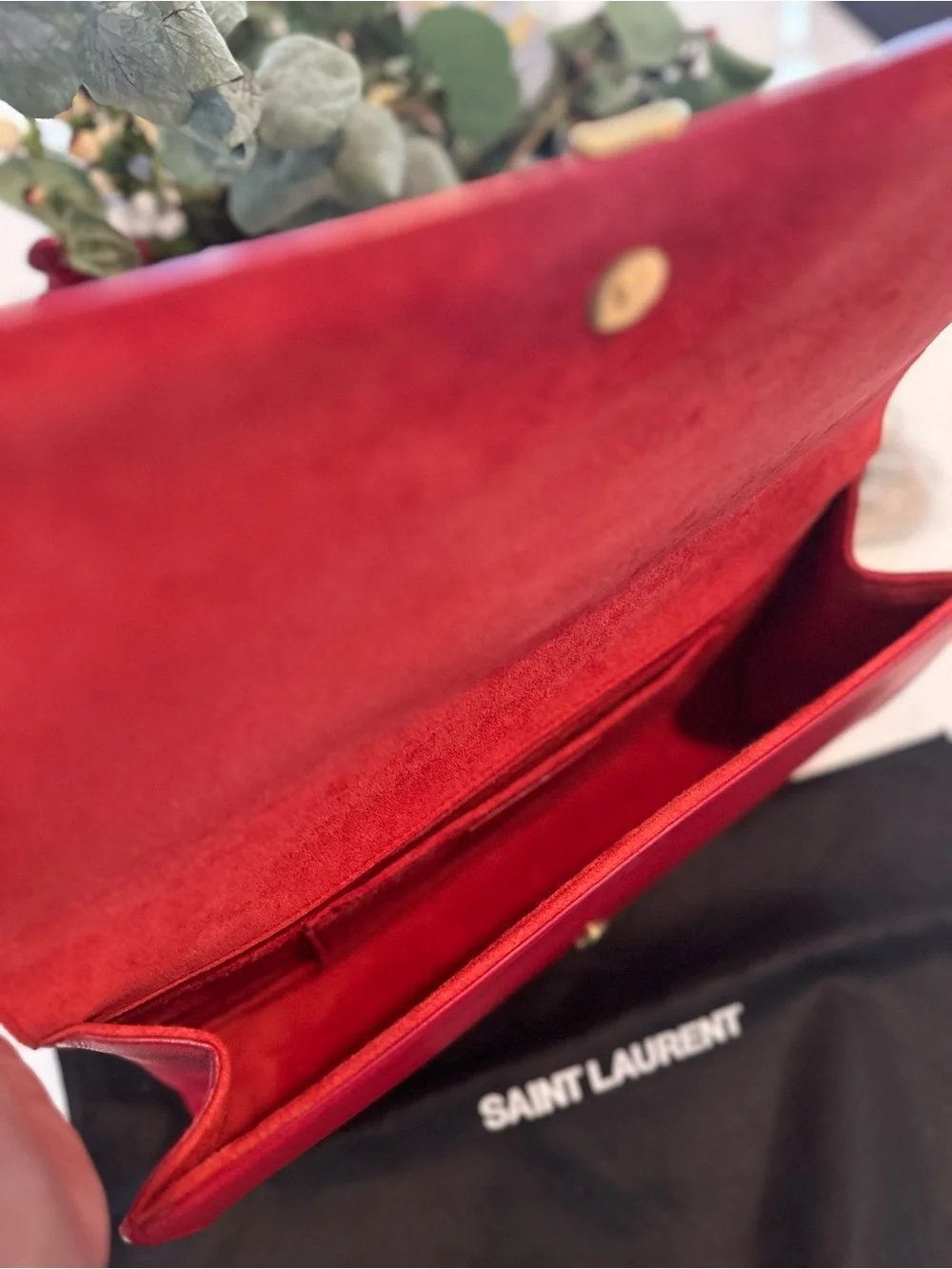 AUTHENTIC Saint Laurent Calfskin Red Leather Y-Closure Clutch with Gold Hardware